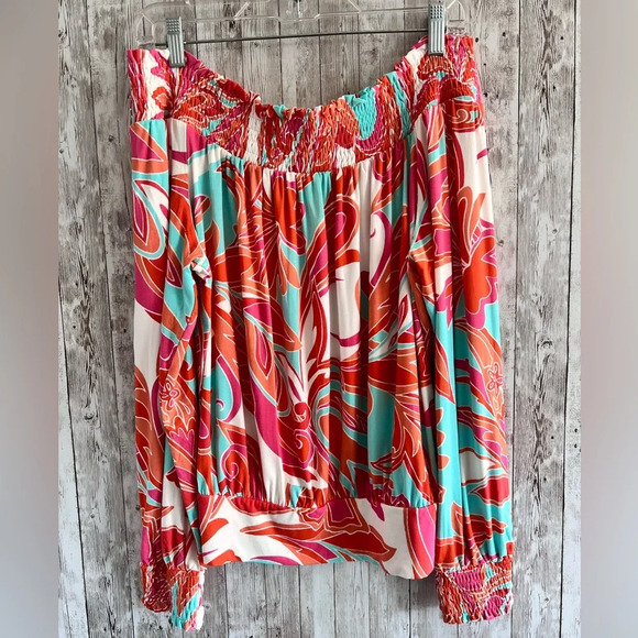 Boston Proper Abstract Floral Off The Shoulder Knit Top Orange Multi - Picture 2 of 5